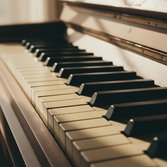 Close-up of piano keys with warm natural light